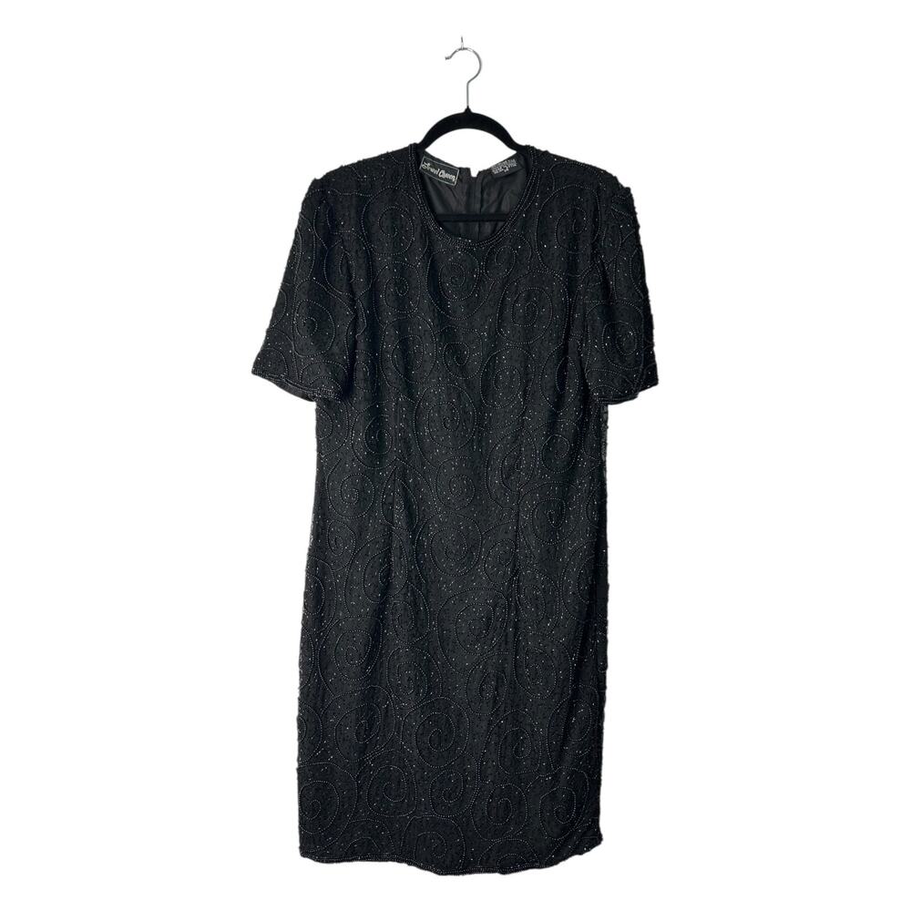 Vintage Jewel Queen Dress Size 14 Black Sequin Silk Beaded Formal Cocktail Party